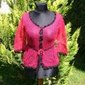 Red, handmade knitt jacket with red buttons and black lace - Blouses & jackets - knitwork