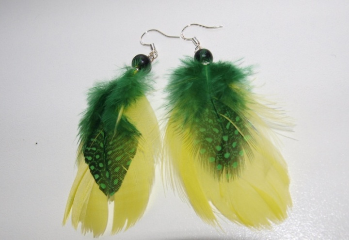 Feather earrings yellow green