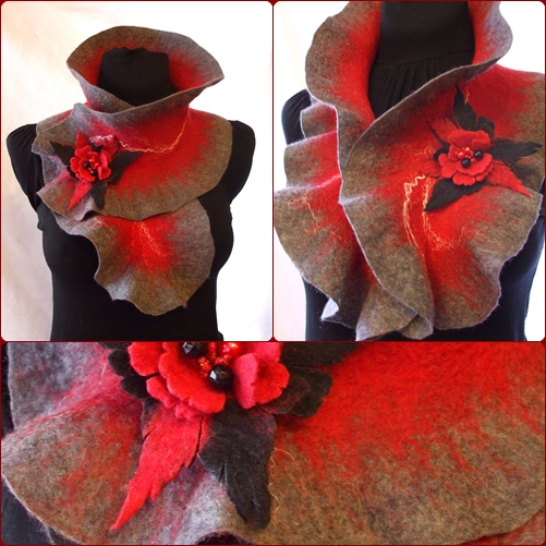 Gray-red scarf felting processes