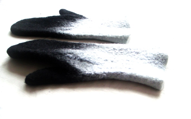 felted wool gloves black and white.