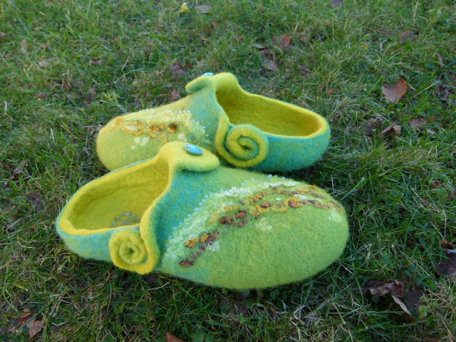 greenish female felted slippers " remember spring "