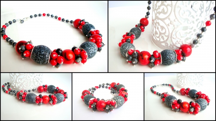 Gray and red coral necklace