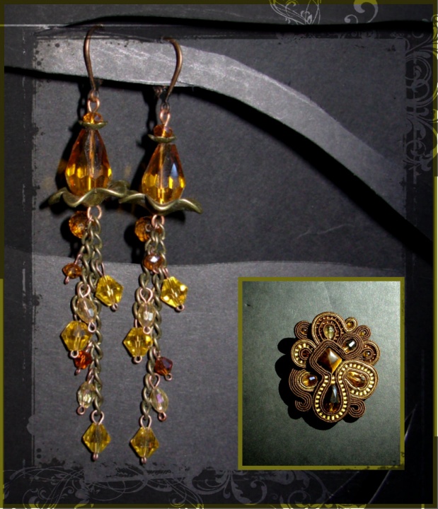 Long brown earrings with Swarovski crystals and brass fittings