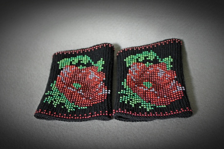 Arm Wrist Warmers Beaded Red Poppies - Unique Handmade Beaded Black Wrist Warmer