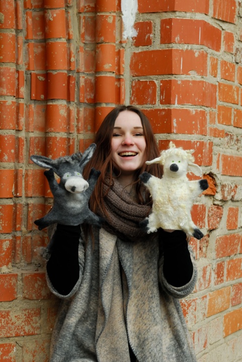 felt toys on hand "friends" donkeys and sheep