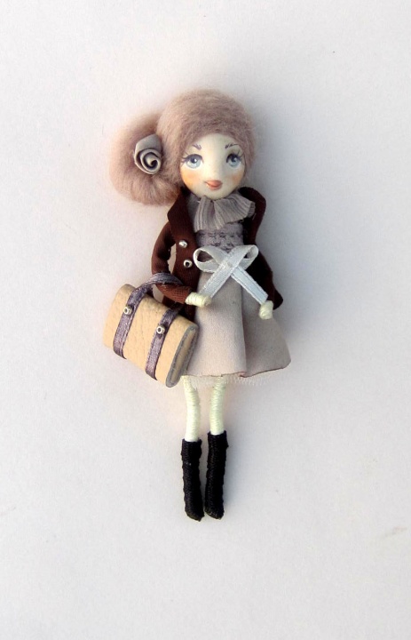 Doll brooch "Girl with brown dress"