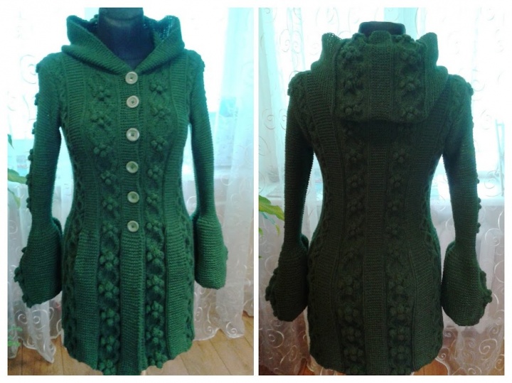 Green long cardigan with cables