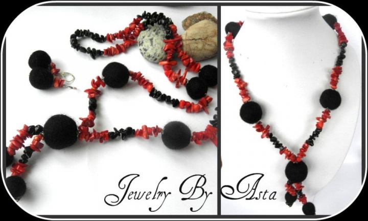 Handmade Jewelry Felted Wool Red Coral Onyx Necklace Gemstone Beads Fashion 