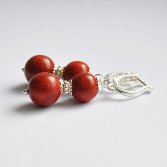 Red coral earrings with silver