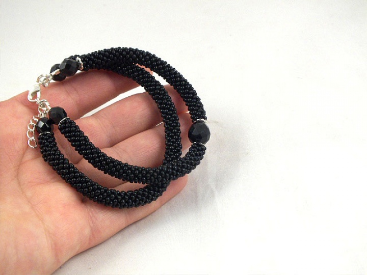 Black beaded double bracelet, bead crochet rope  picture no. 3