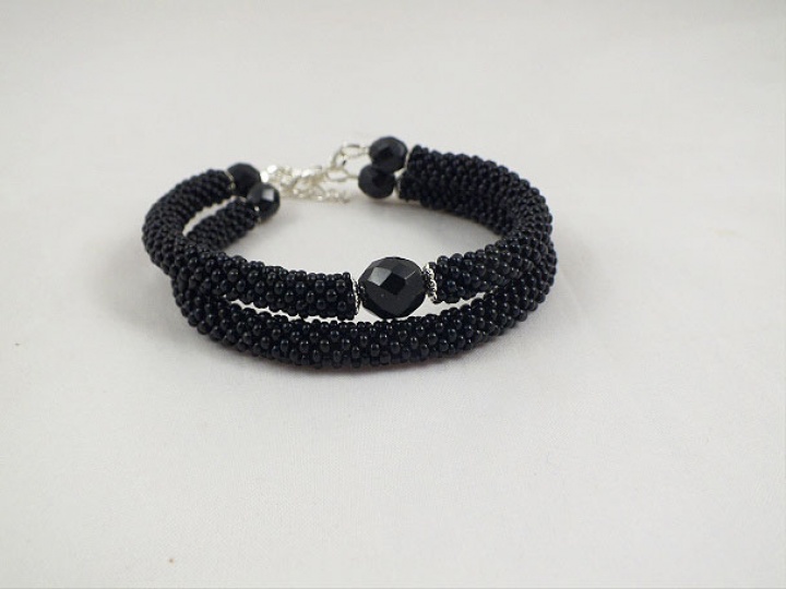 Black beaded double bracelet, bead crochet rope 