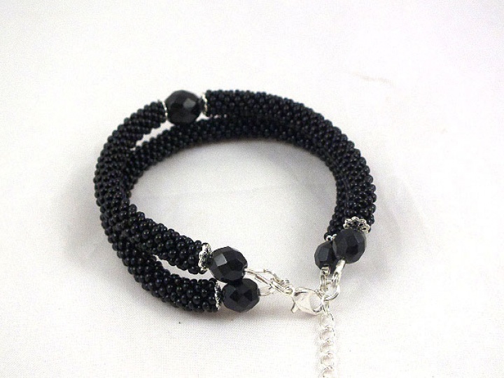 Black beaded double bracelet, bead crochet rope  picture no. 2