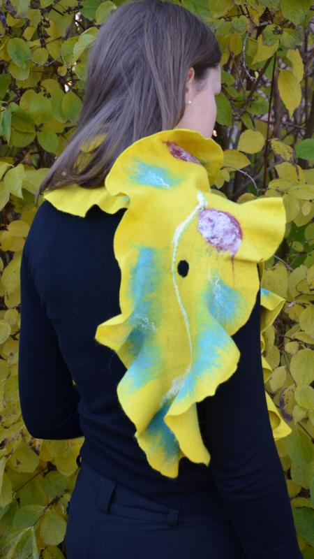 Yellow with turquoise scarf