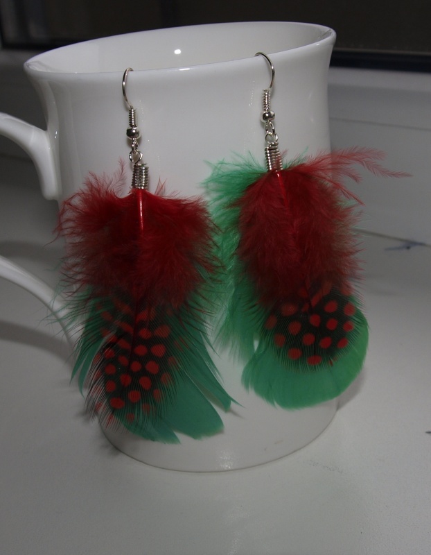 Earrings feathers green red