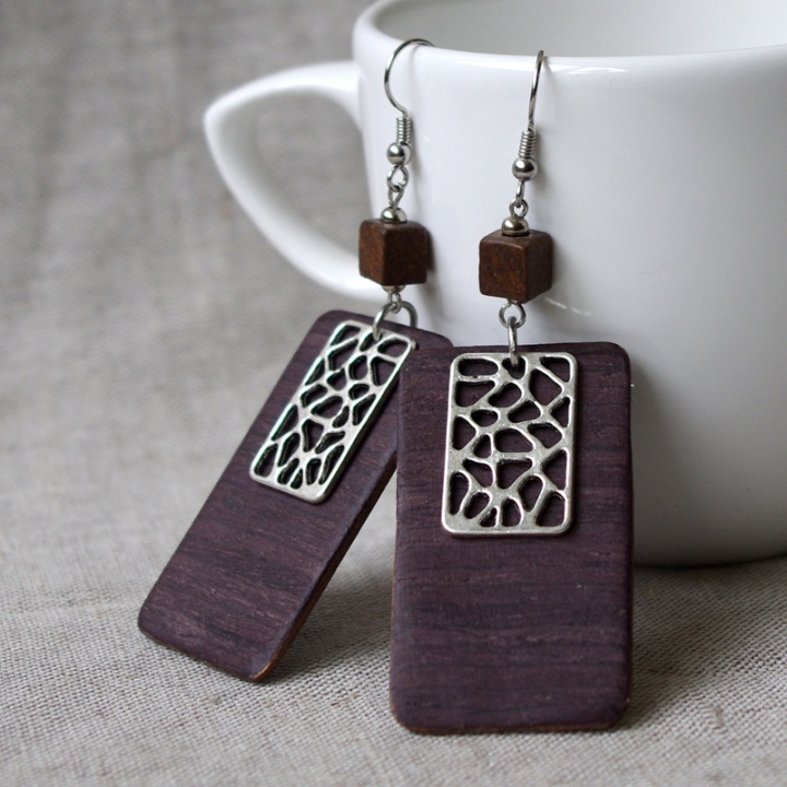 Purple elegance, earrings made of wood