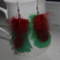 Earrings feathers green red - Earrings - beadwork